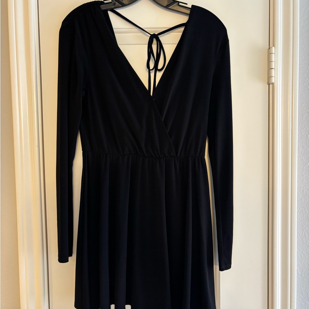 BCBG Black Long-Sleeve V-Neck Tie-Back Dress